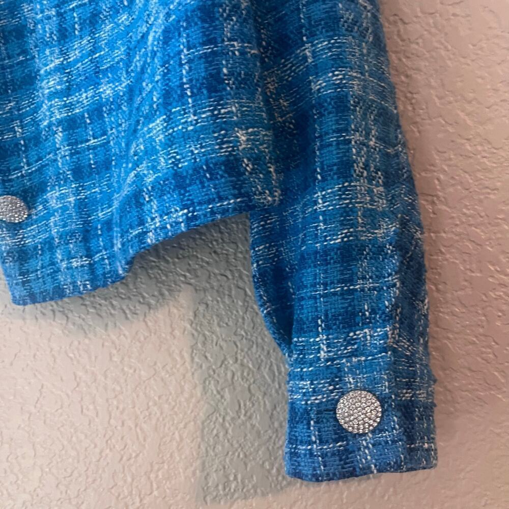 Zara Blue Checkered Tweed Cropped Breasted Blazer Rhinestone Buttons XS Collared - Picture 4 of 8